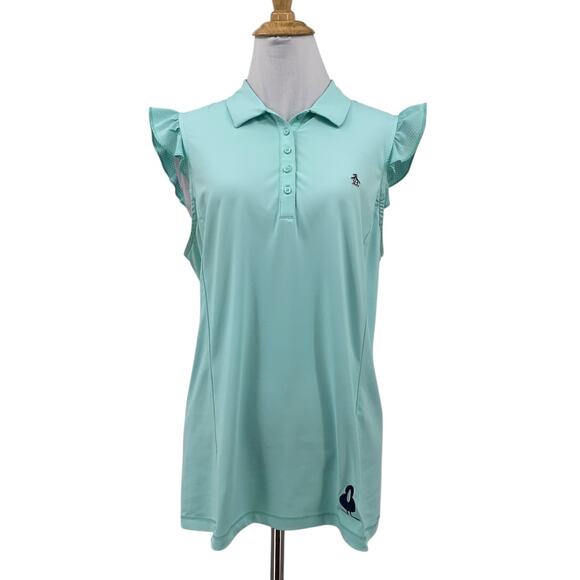 Original Penguin Top Womens L Large Aqua Ruffle Cap Sleeves Collared Polo Shirt - Picture 1 of 14